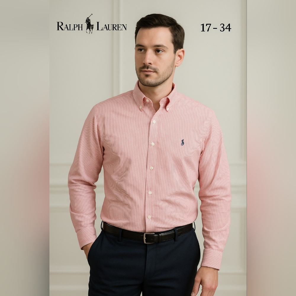 Ralph Lauren Men’s Red Striped 100% Cotton Button Down Dress Shirt Size 17-34